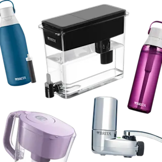 Collage of Brita products, including Brita Water bottles, Dispenser, Pitcher and Faucet Mount.
