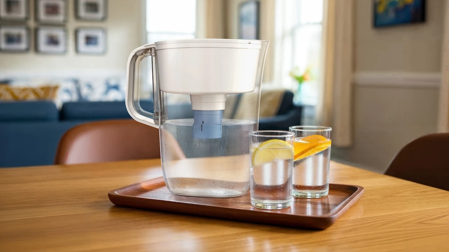 Brita pitcher with Elite filter on wooden tray on top of table with two glasses of water with orange slices in them.