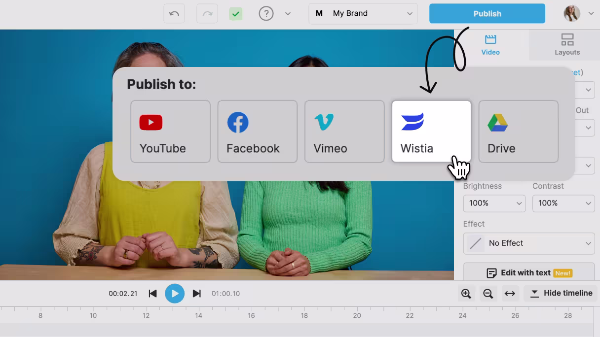 Wave.video interface showing direct upload of videos to a connected Wistia account, skipping manual transfers.