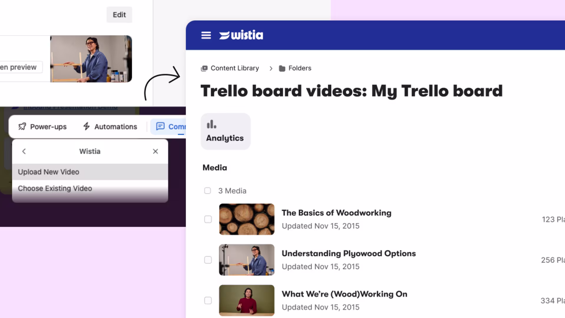 User uploading a video to Trello with Wistia Power-Up, automatically syncing it to a matching Wistia folder.