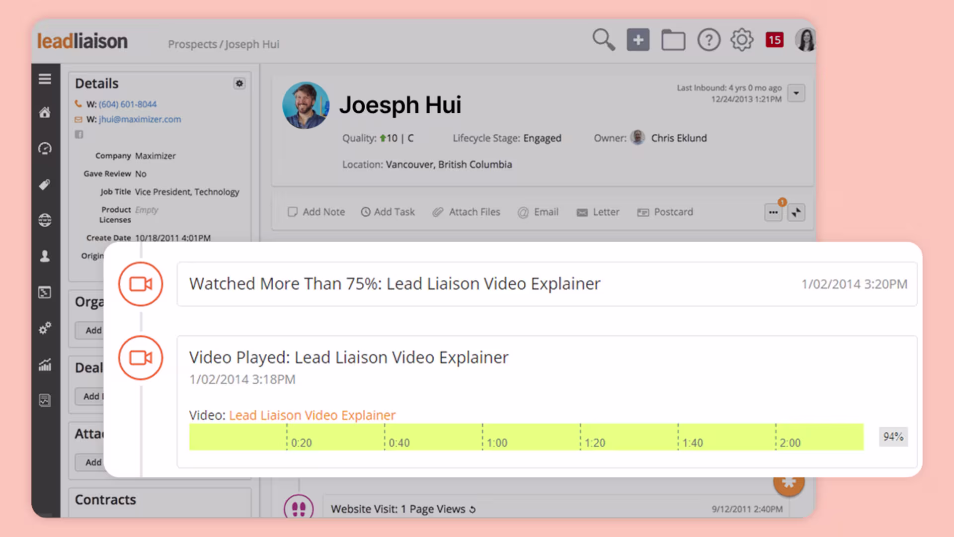 Lead Liaison profile showing detailed Wistia video heatmaps with watch time, replays, and skipped sections.
