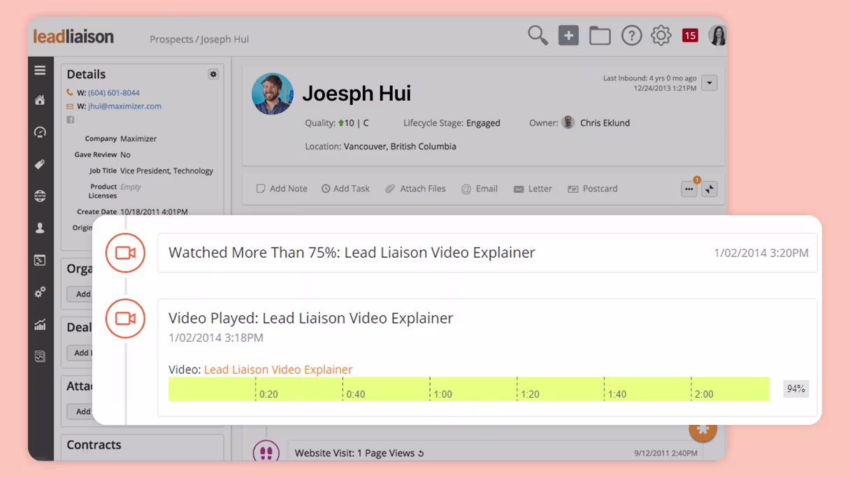 Lead Liaison profile showing detailed Wistia video heatmaps with watch time, replays, and skipped sections.