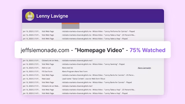 Marketo Engage Smart List showing Wistia video metrics like percentage watched.