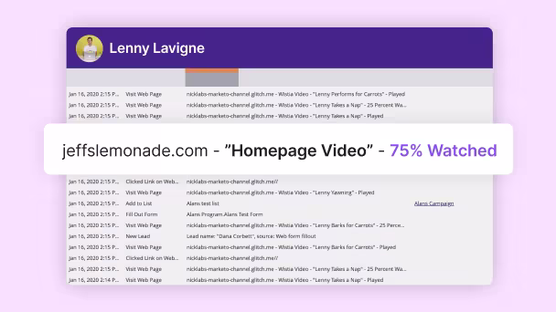 Marketo Engage Smart List showing Wistia video metrics like percentage watched.