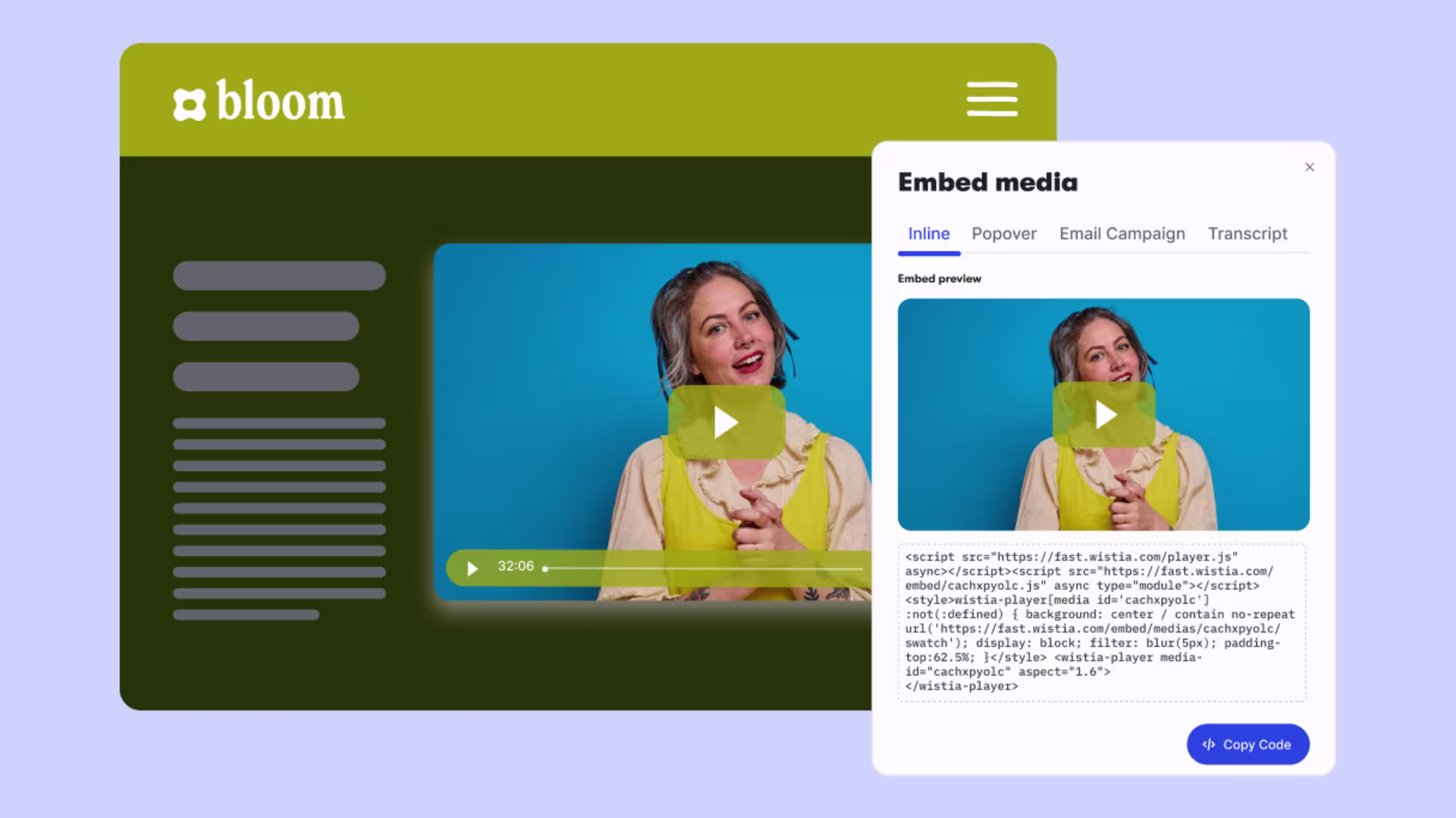 User sharing an edited Zoom recording from Wistia by copying an embed code and adding it to a website.