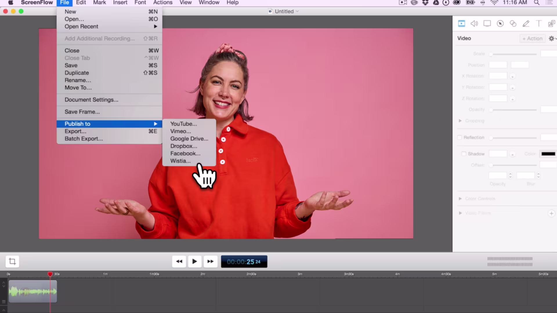 ScreenFlow export window showing a user sending a video directly to Wistia.