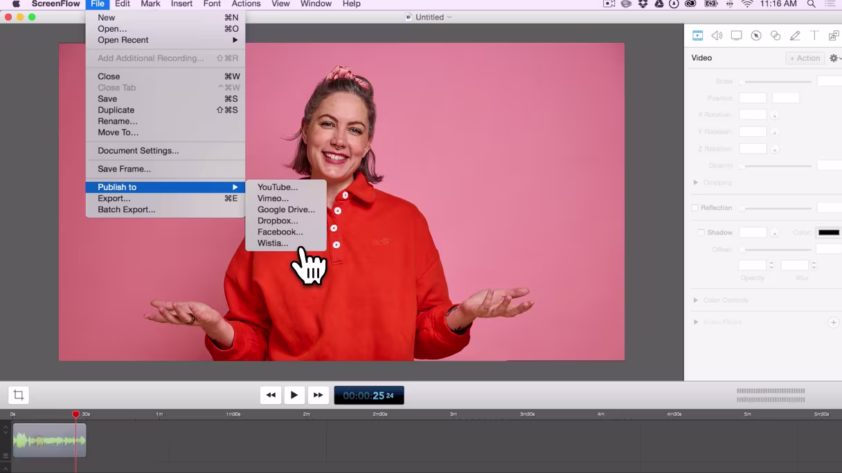 ScreenFlow export window showing a user sending a video directly to Wistia.