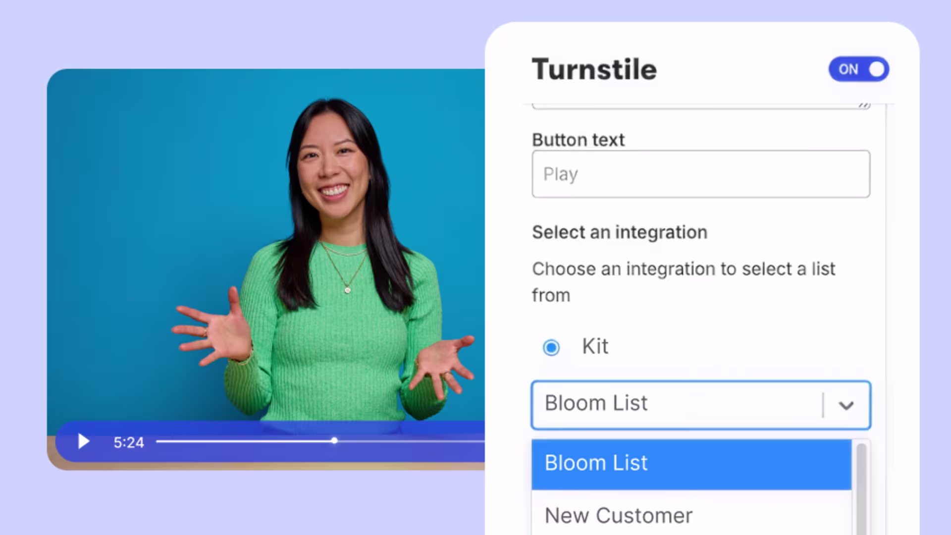 Form overlay in Wistia video showing two different Kit lists.