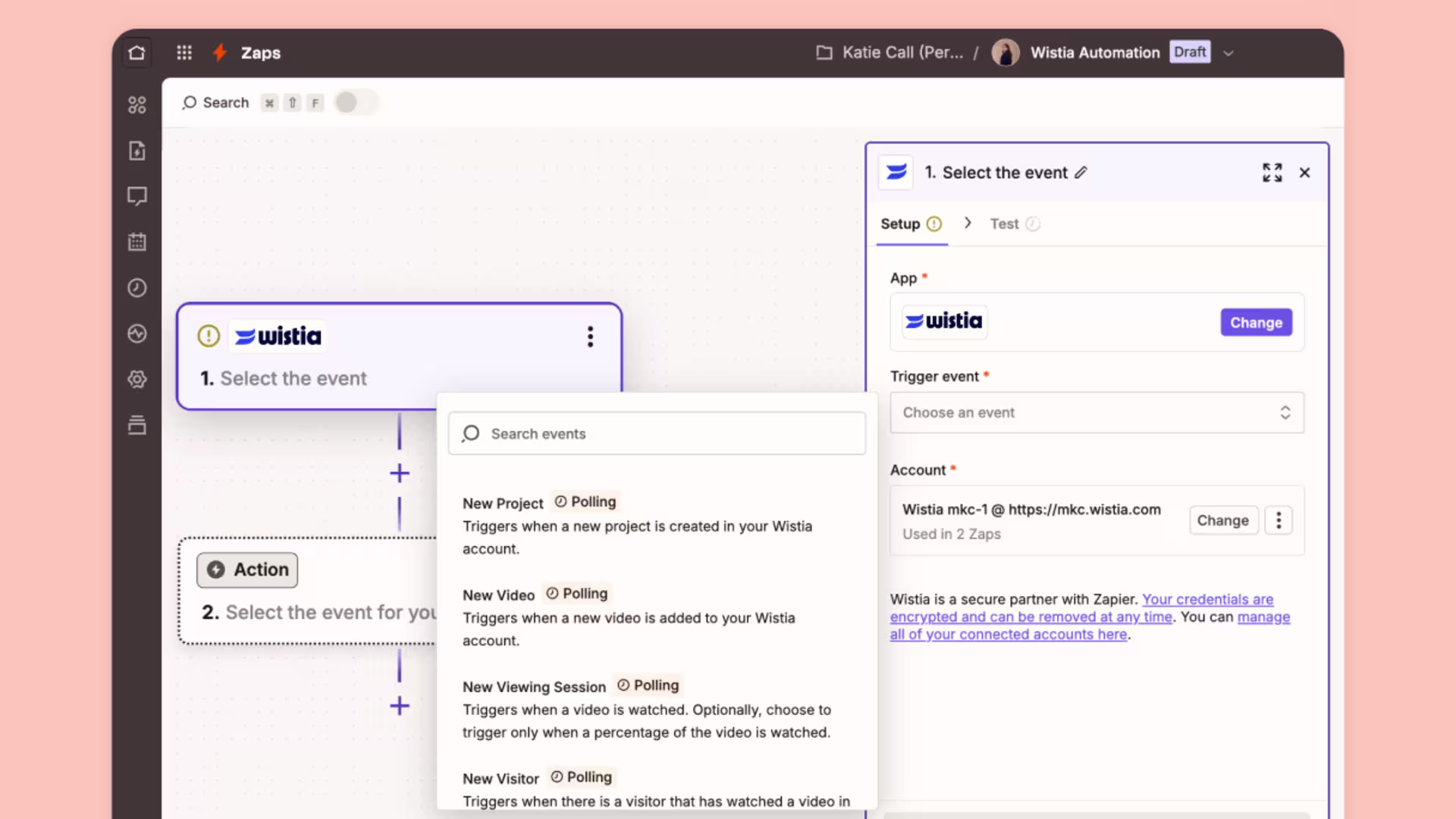 Zapier dashboard showing automated workflows triggered by Wistia events like uploads, views, and lead captures.