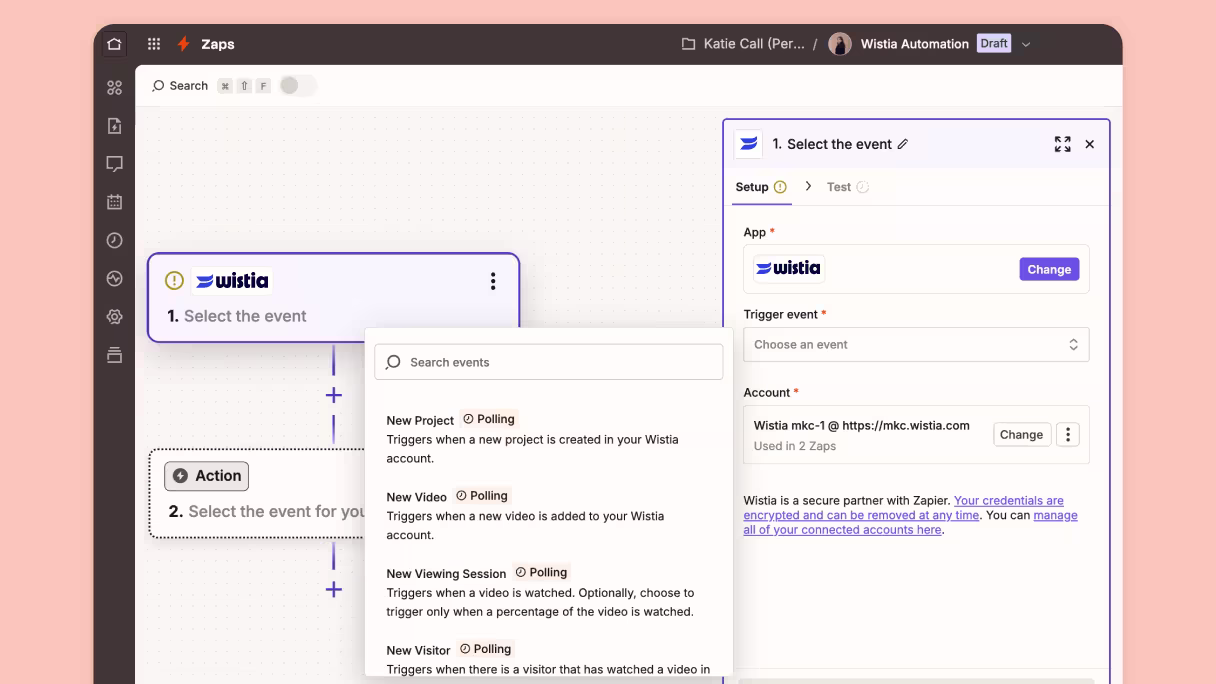 Zapier dashboard showing automated workflows triggered by Wistia events like uploads, views, and lead captures.
