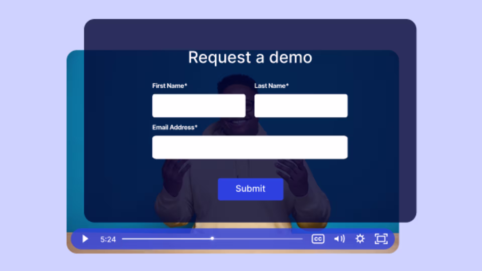 Lead capture form appearing mid-video in a Wistia player to collect submissions.