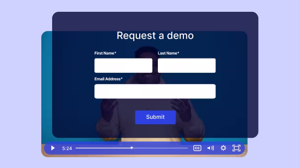 Lead capture form appearing mid-video in a Wistia player to collect submissions.