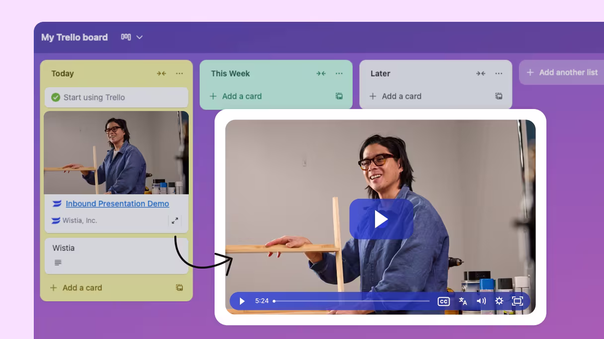Trello card with embedded Wistia video playing in-line.