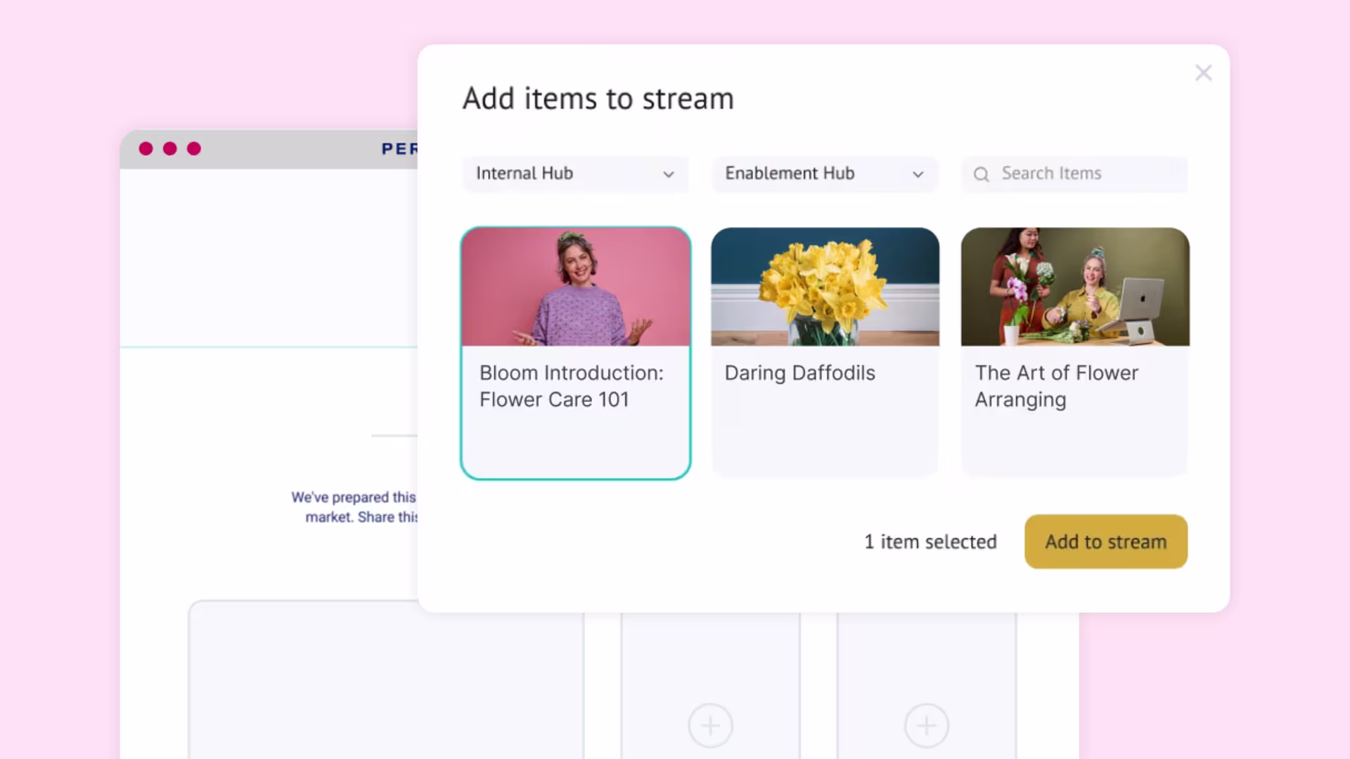 Uberflip content hub displaying a centralized Wistia video library with search and sharing options.