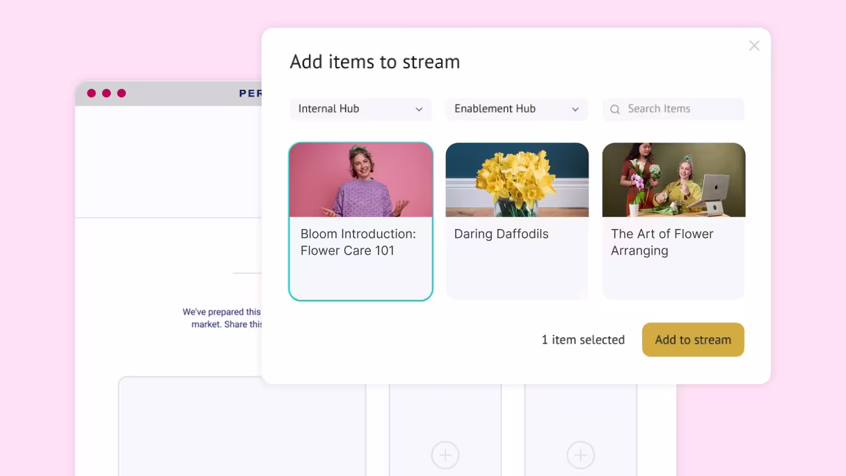 Uberflip content hub displaying a centralized Wistia video library with search and sharing options.