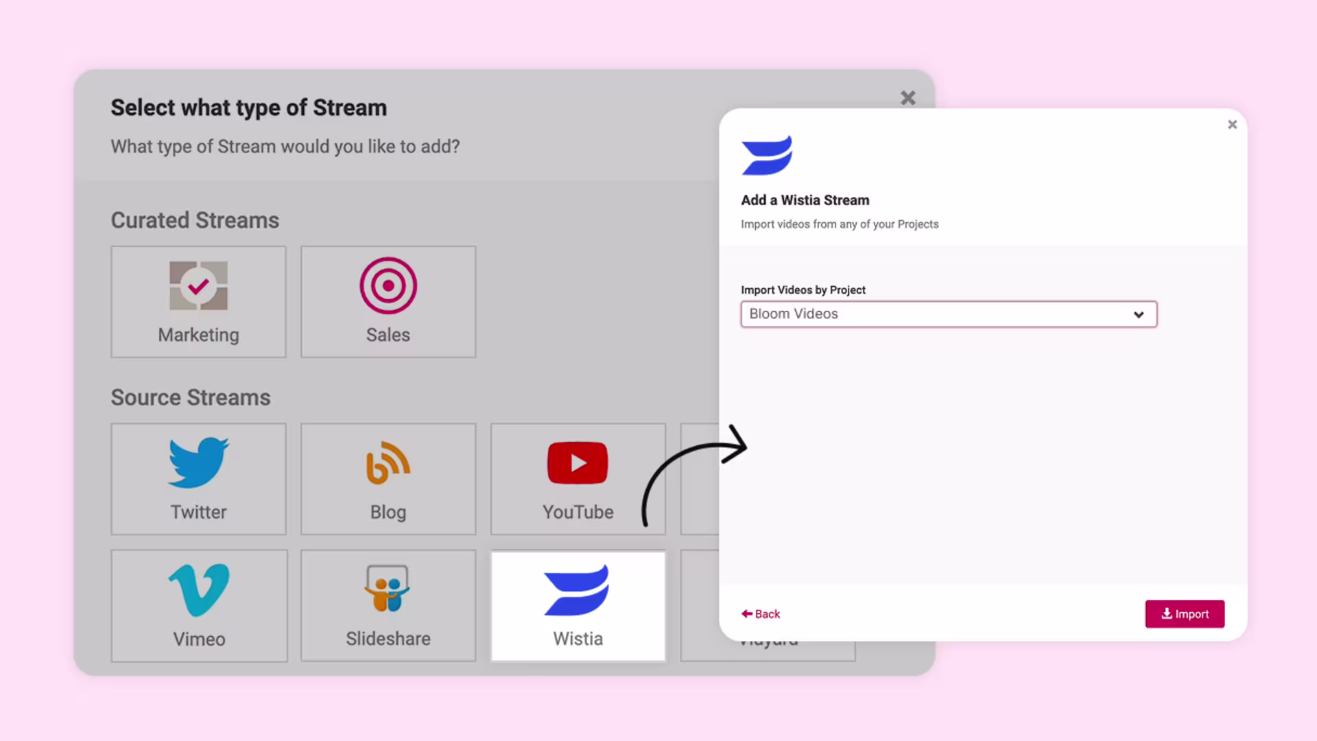 User linking Wistia to Uberflip to auto-sync videos from a selected folder directly into an Uberflip Stream.