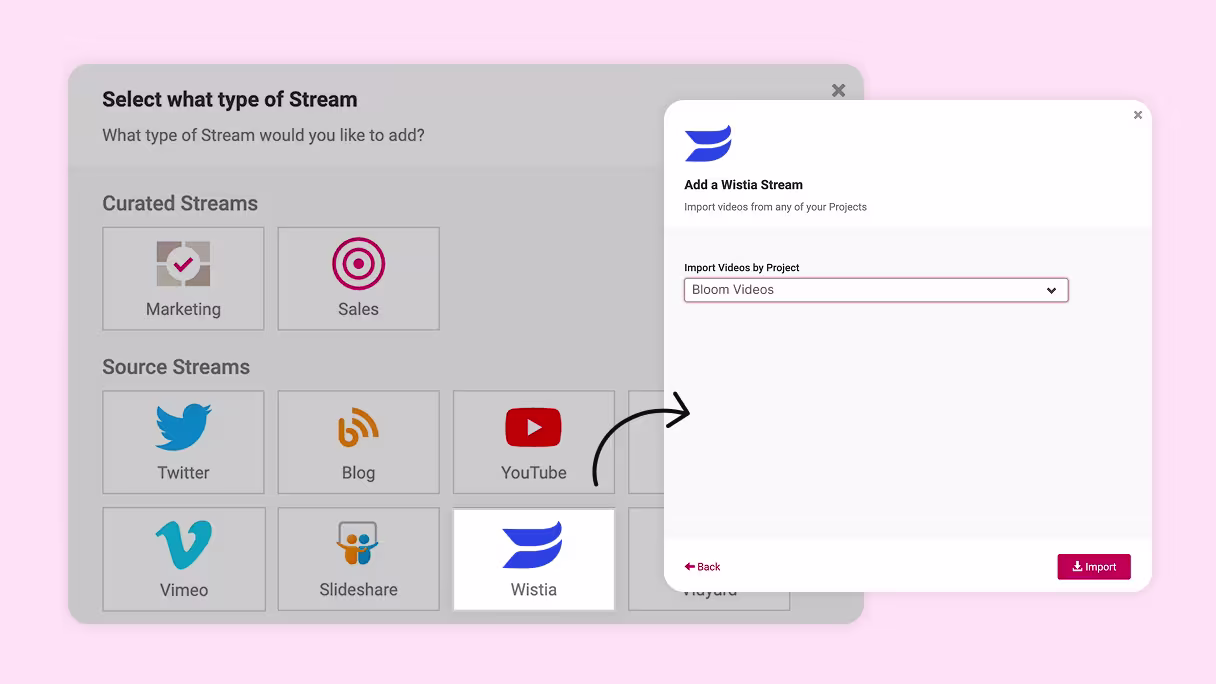 User linking Wistia to Uberflip to auto-sync videos from a selected folder directly into an Uberflip Stream.