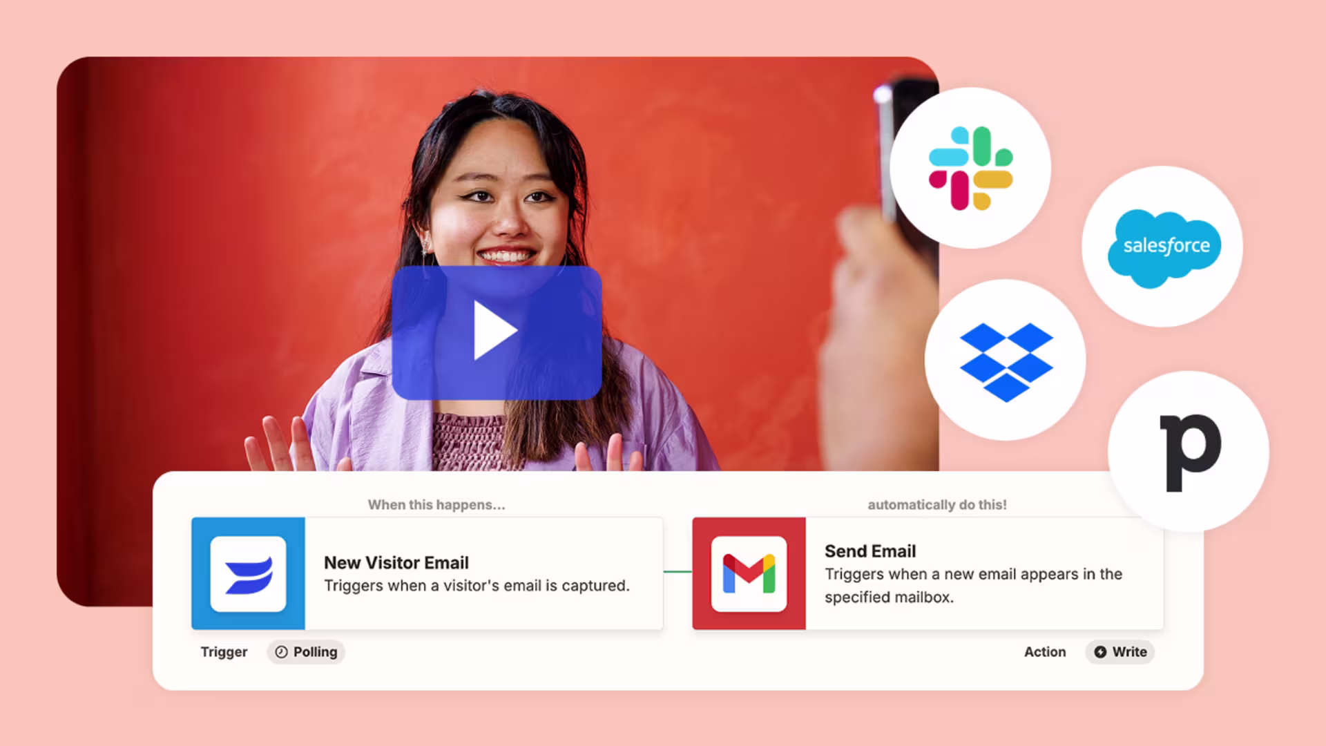 Zapier dashboard connecting Wistia with tools like Slack, Dropbox, and Salesforce to automate video workflows.