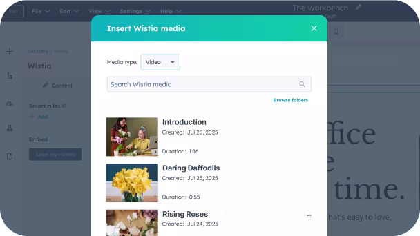 HubSpot interface displaying Wistia video library for adding content to emails or landing pages.
