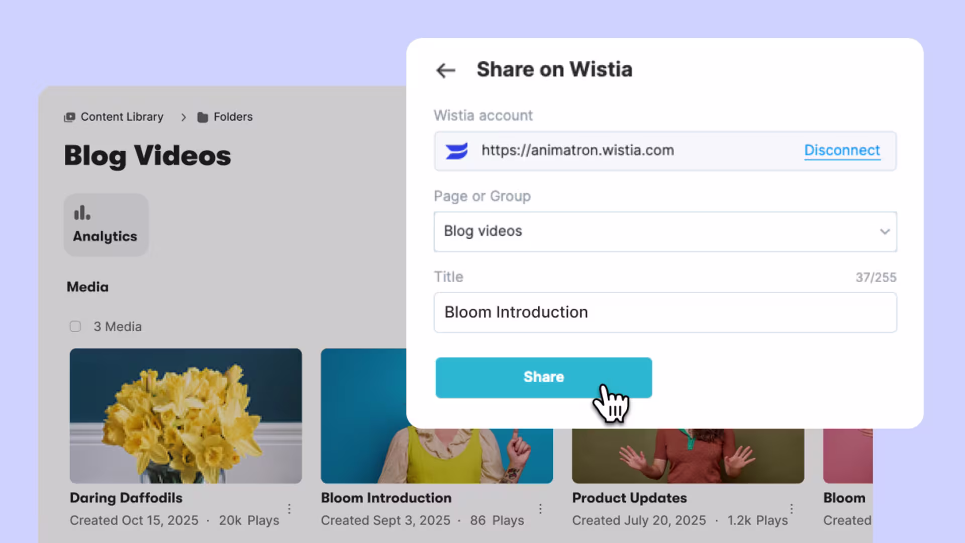 User selecting a Wistia folder and adding a custom title during upload.