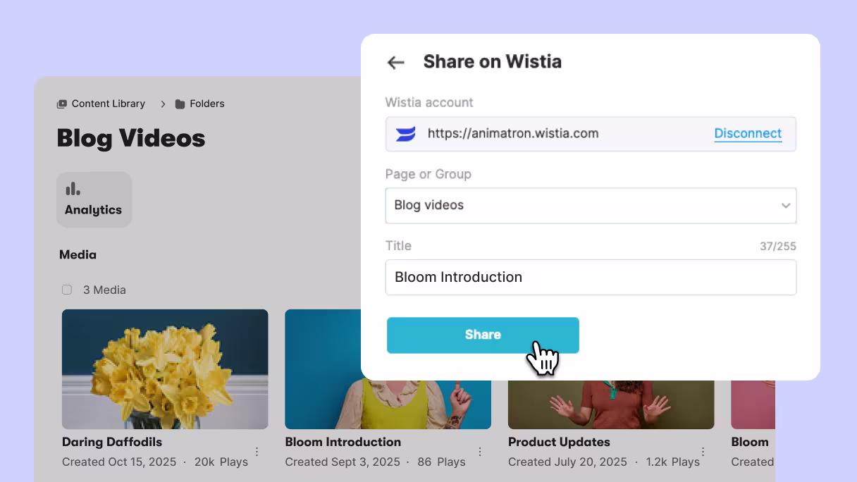 User selecting a Wistia folder and adding a custom title during upload.