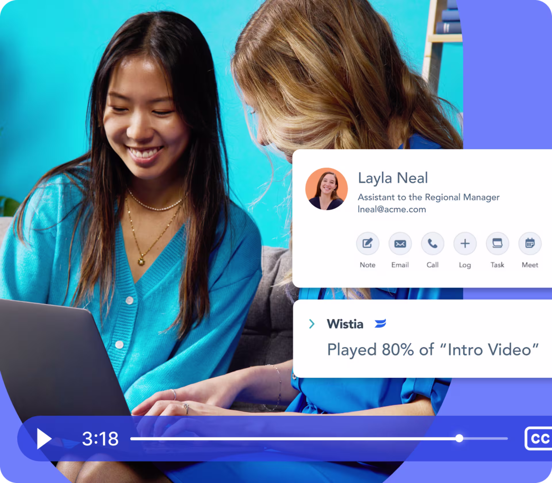 Two smiling women overlaid by UI of a contact record