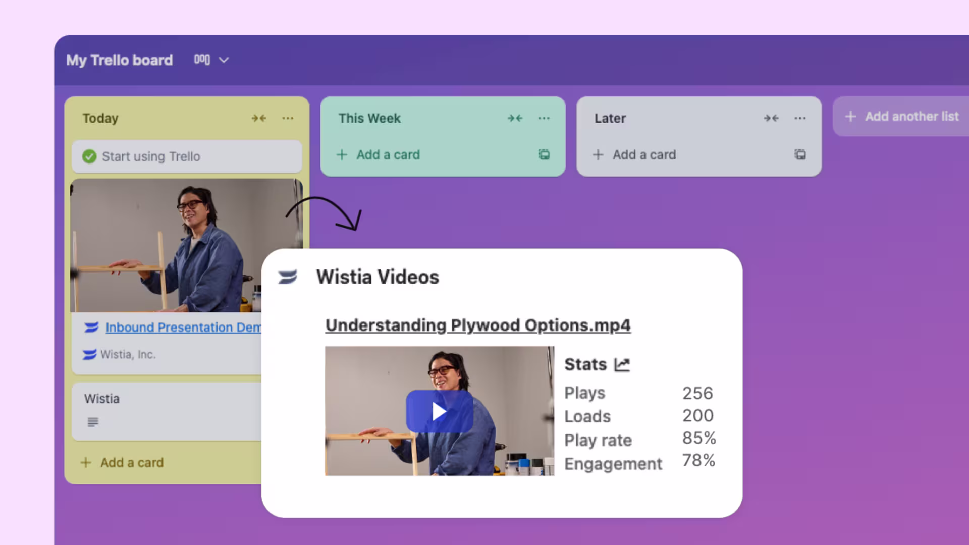 Trello board displaying Wistia video thumbnails with play counts and engagement stats beside each card.