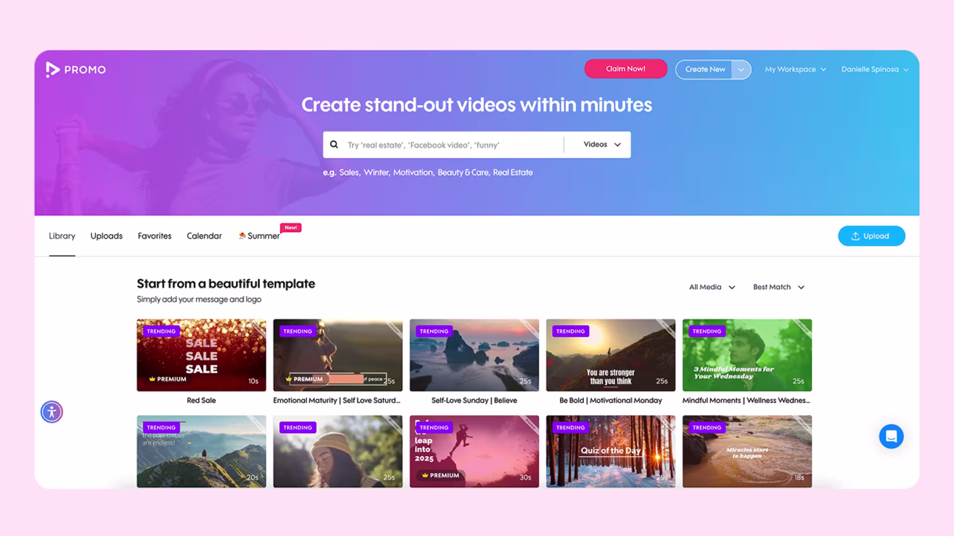 User browsing Promo’s library of stock clips and templates to build a polished, on-brand marketing video.