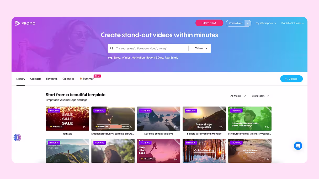 User browsing Promo’s library of stock clips and templates to build a polished, on-brand marketing video.