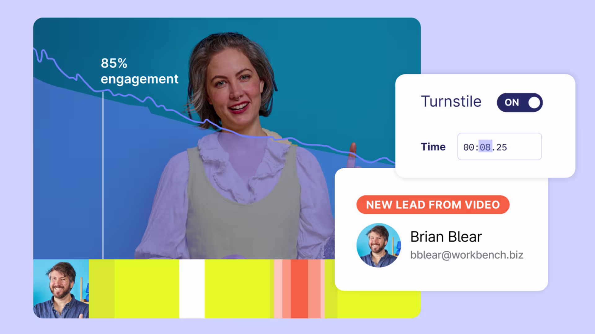 Wistia player with in-video lead gen form and analytics showing viewer engagement and lead capture activity.