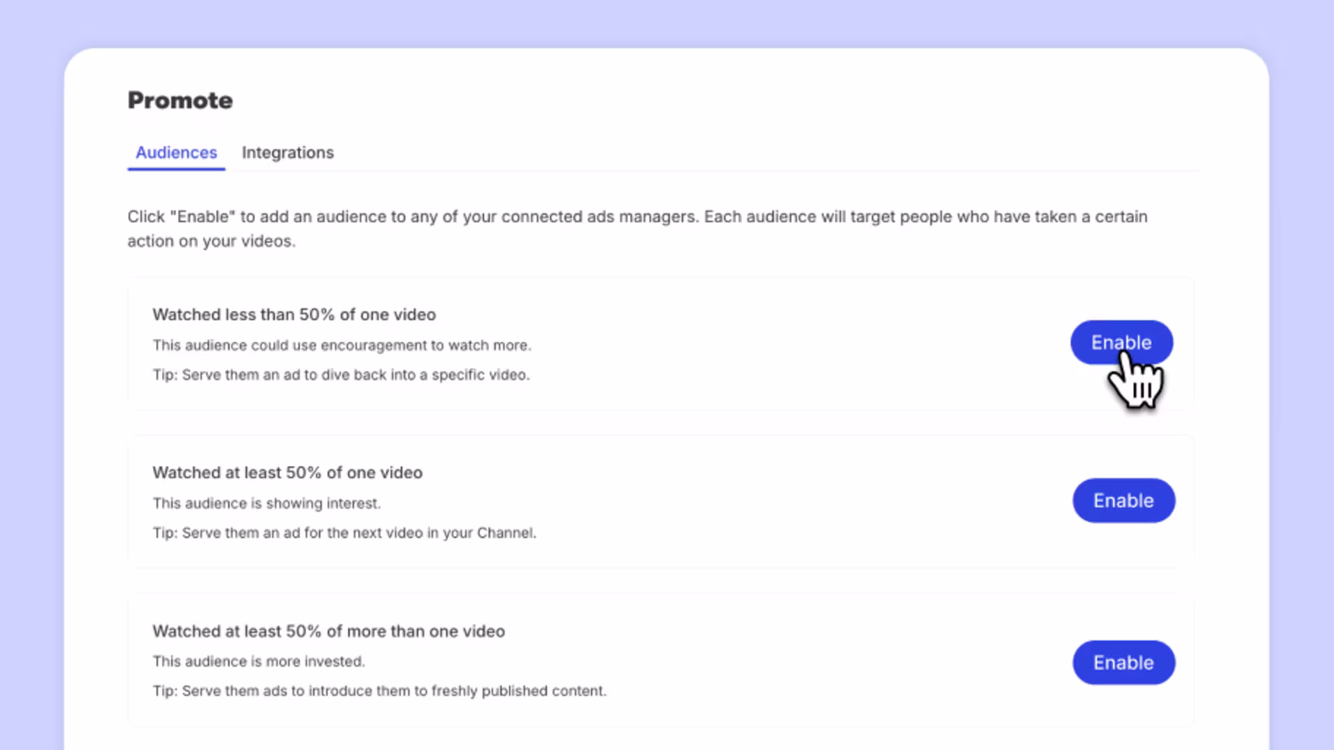 Wistia UI showing three options to qualify viewers or subscribers to build Meta Ads.