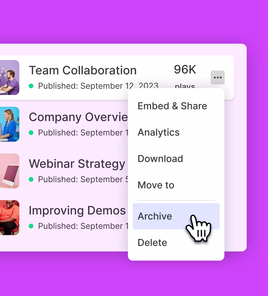 Video software UI showing three videos and a selected video with a cursor hovering over an archive button