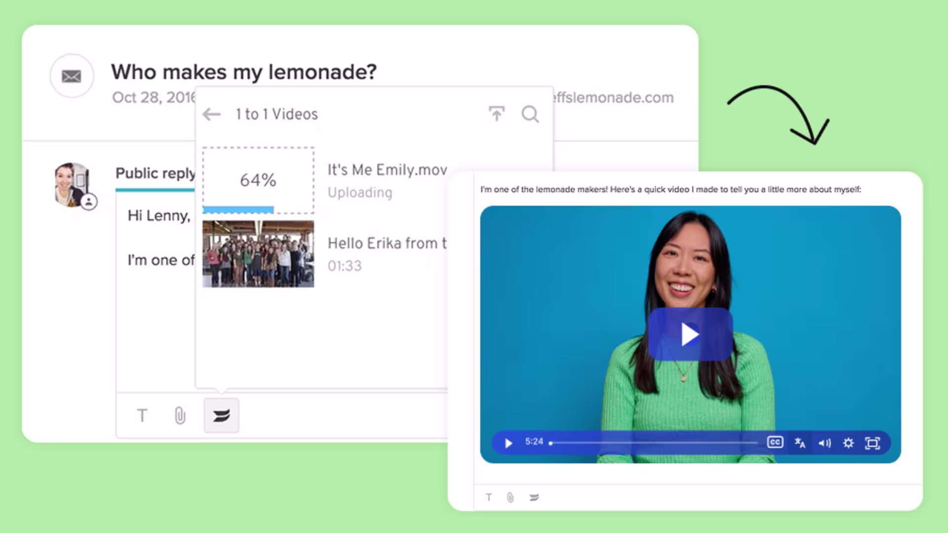 Agent uploading a video from desktop to a Zendesk ticket automatically syncing it to their Wistia video library.