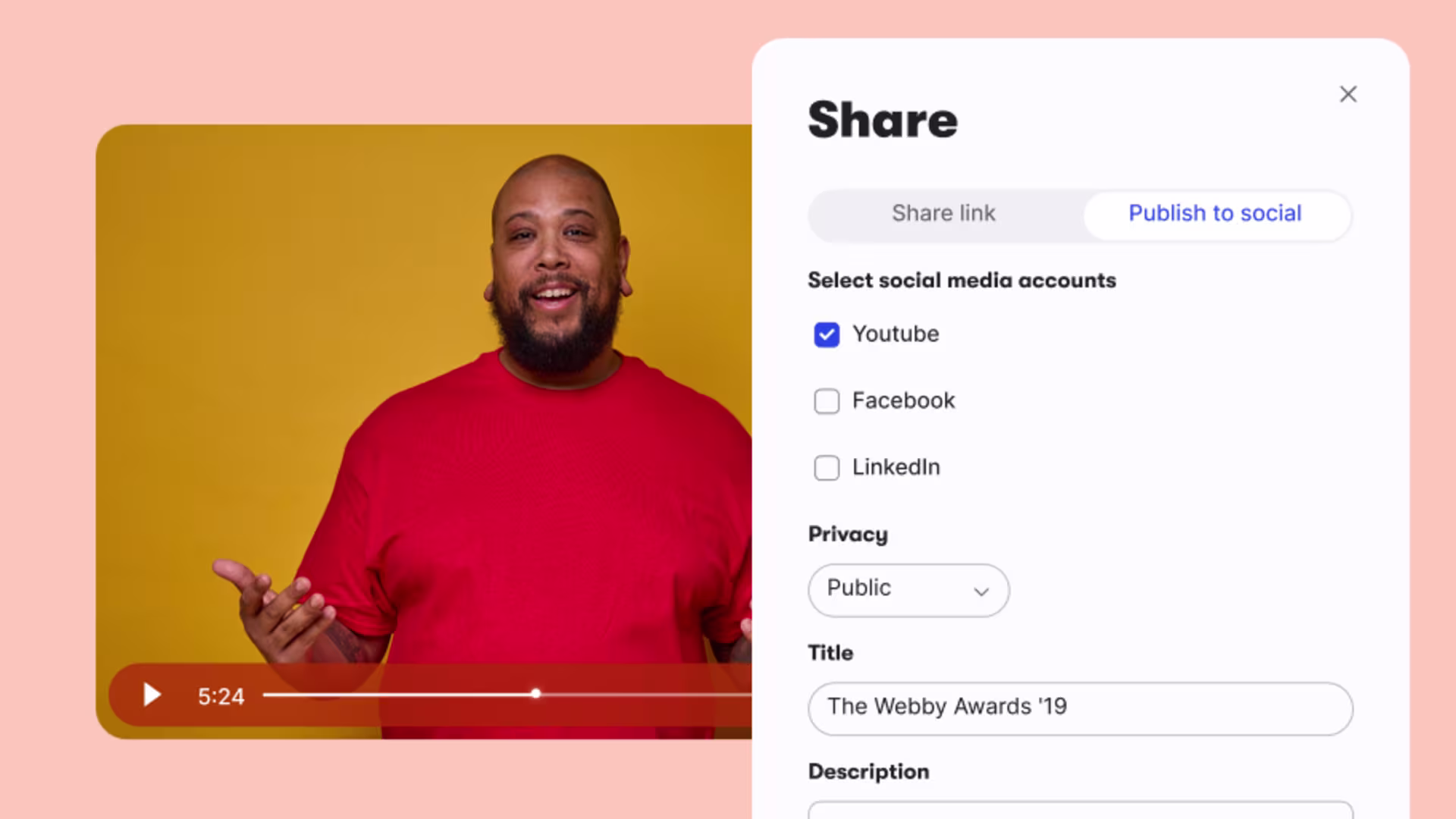 Publish to social panel option overlay on a Wistia video.