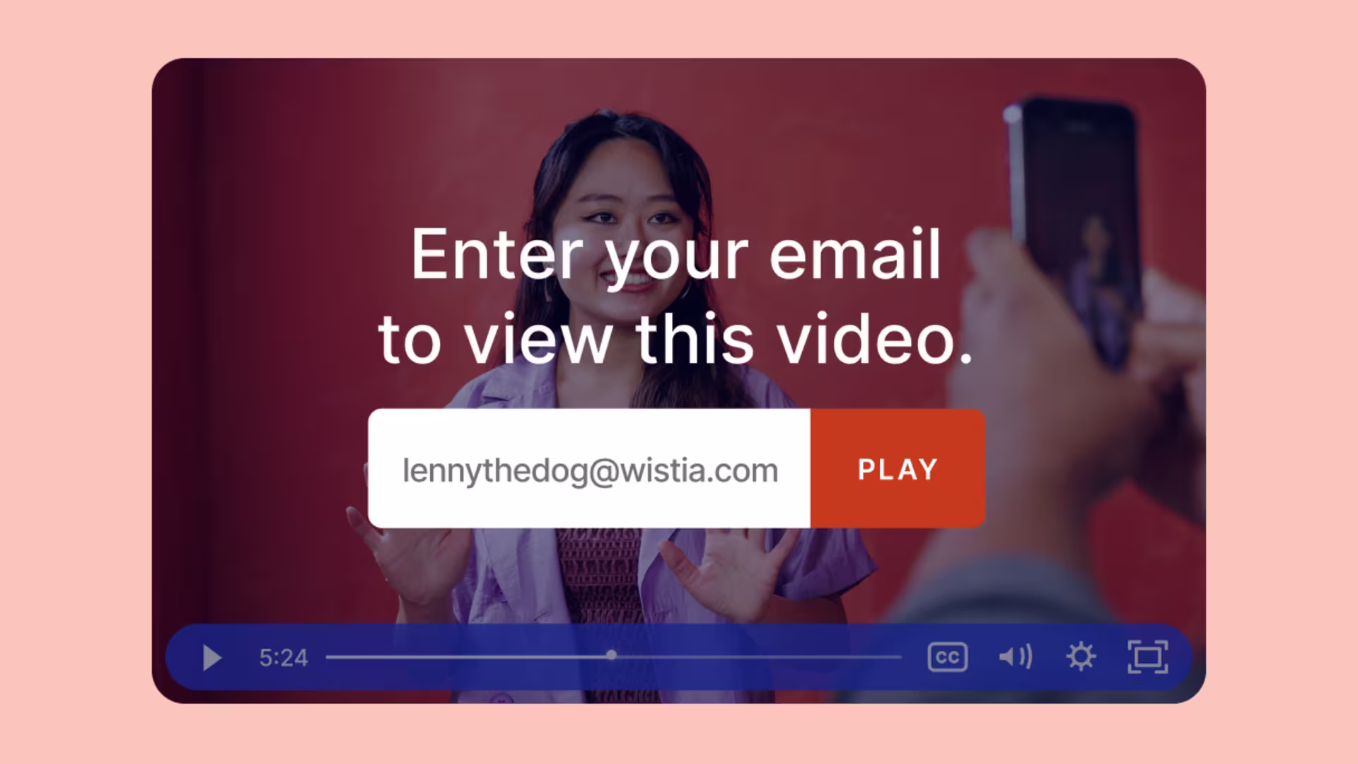 Wistia player displaying an in-video lead capture form where prospects enter emails, synced to Lead Liaison.