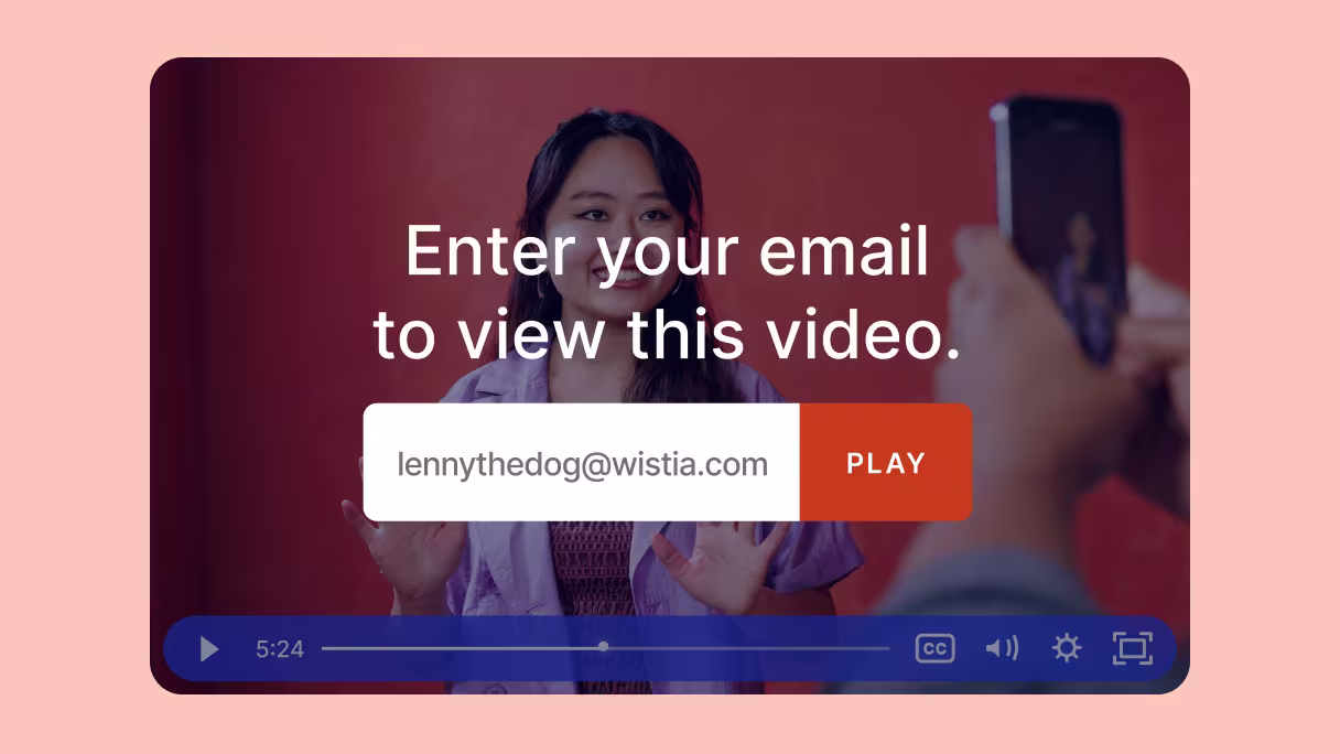 Wistia player displaying an in-video lead capture form where prospects enter emails, synced to Lead Liaison.