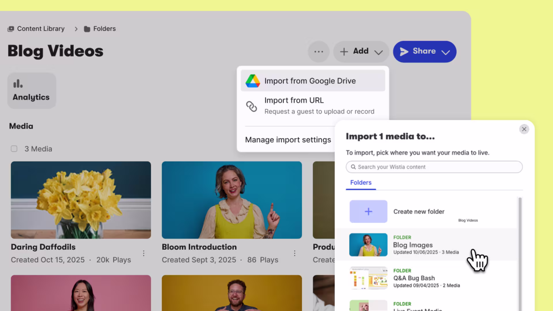 User importing videos from Google Drive into a selected Wistia folder.