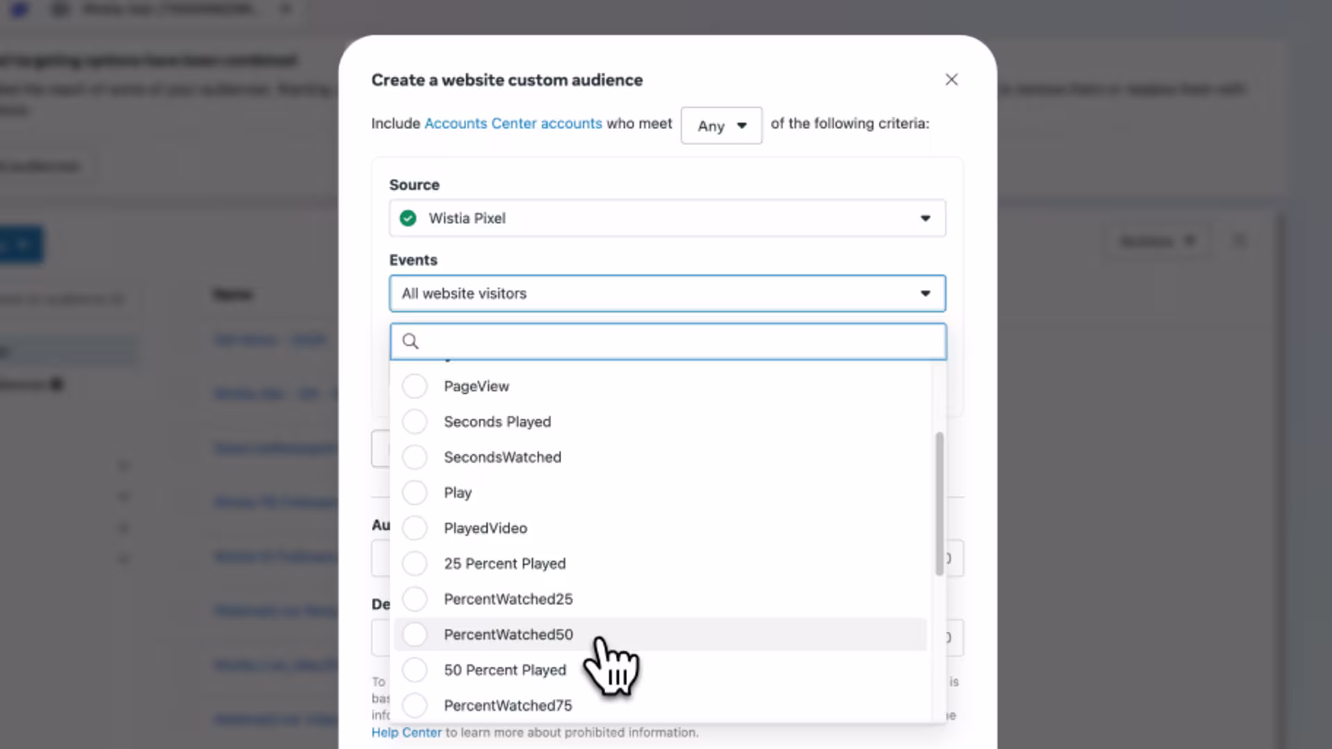Meta’s dropdown menu of video qualified leads to create an audience in Meta Ads.