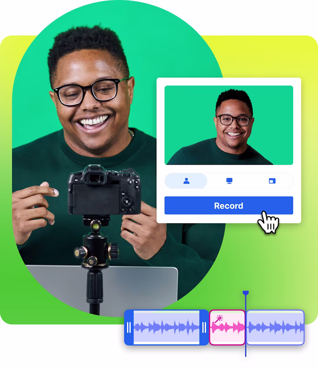 Video software UI showing a video timeline and a video recorder and an image of a smiling man at a laptop recording a video