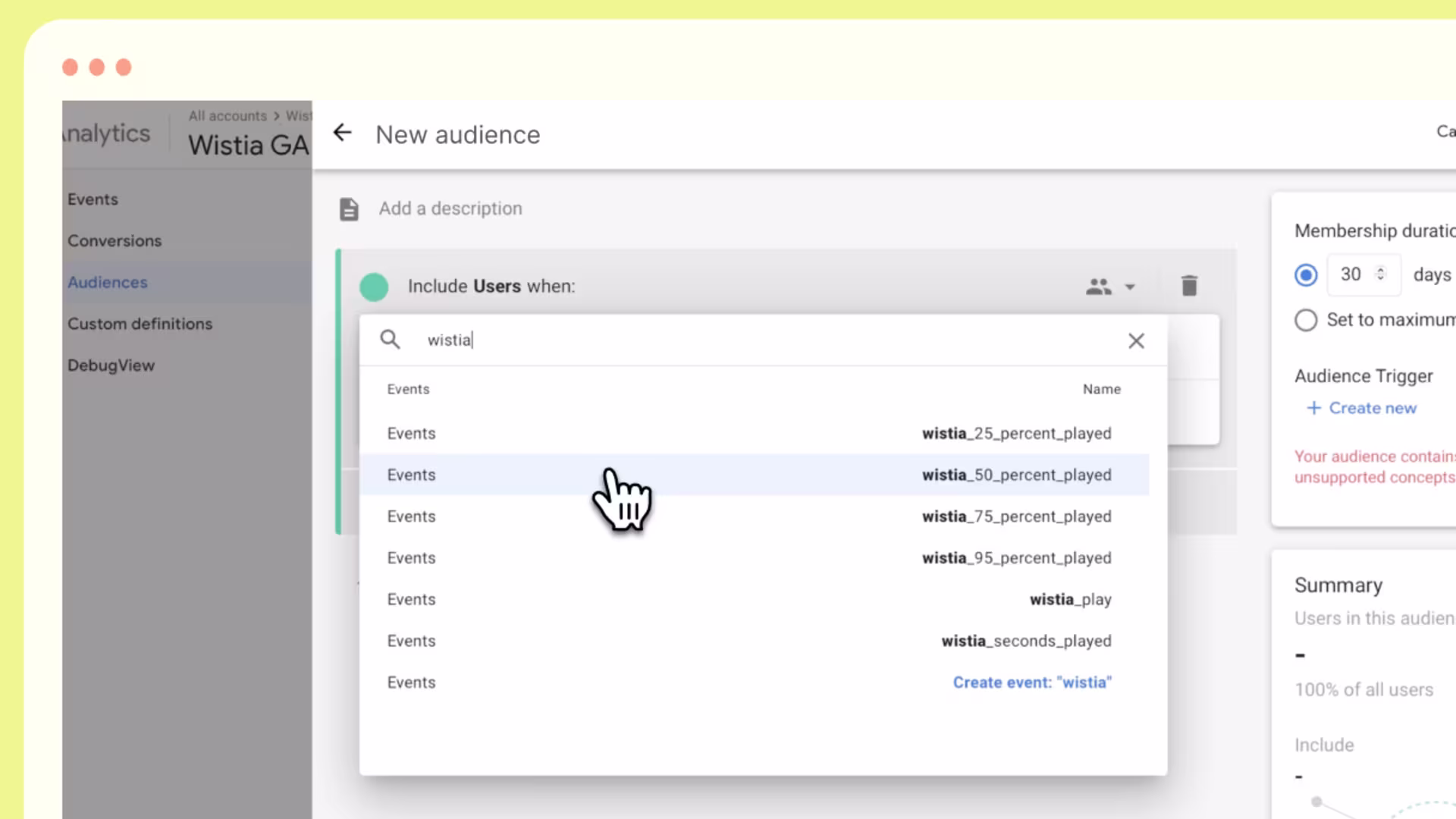 Wistia’s video data UI used to create custom audiences in Google Ads.