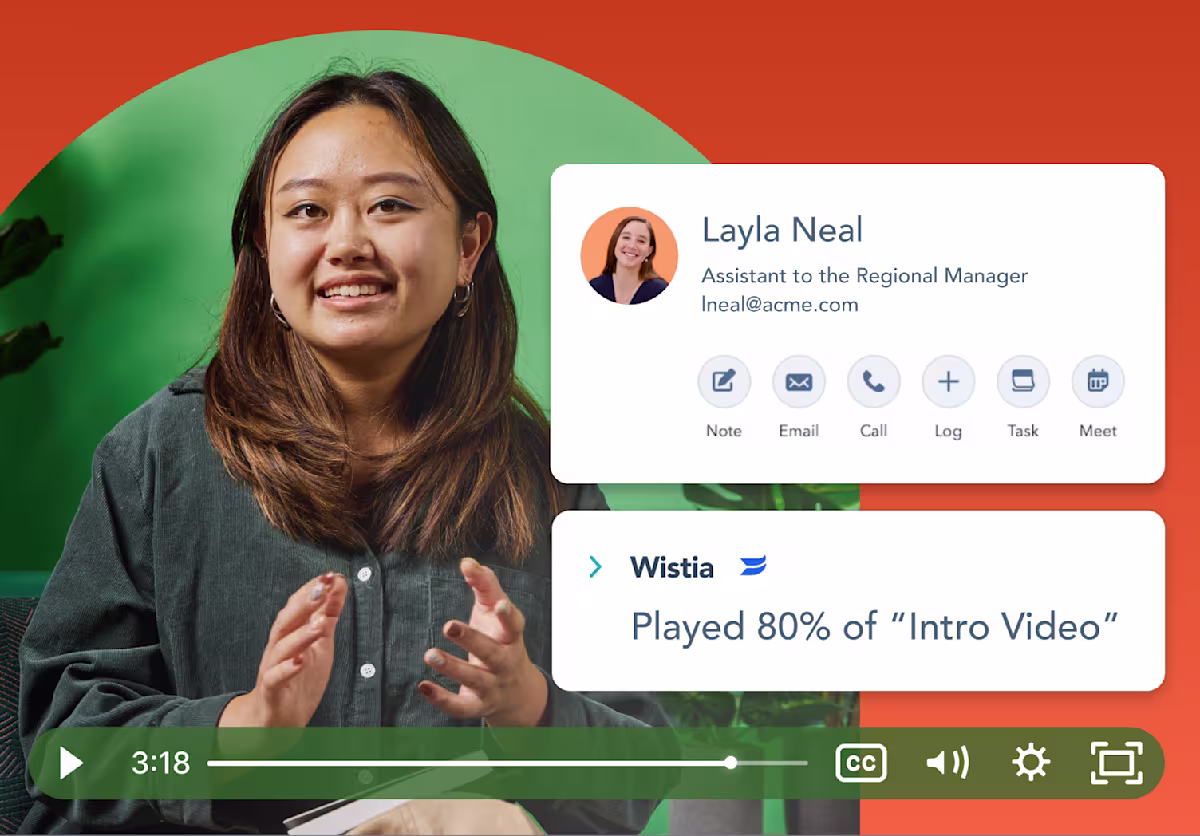 Video software UI showing a video player with an overlay of an alert of a percentage a prospect has watched a video and a prospect contact card
