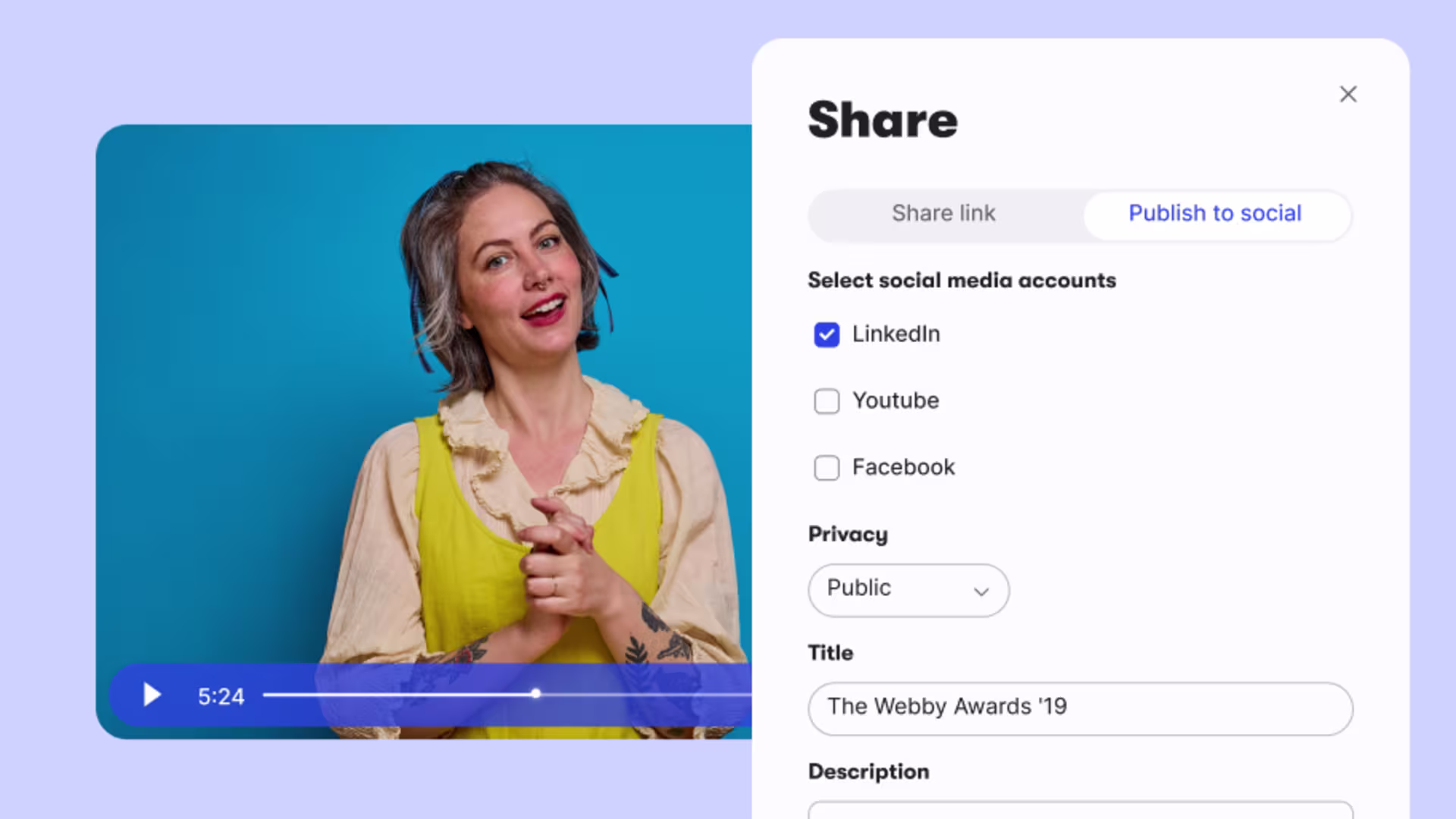 Sharing a video from the Wistia library directly to a LinkedIn Company Page without downloading or re-uploading.