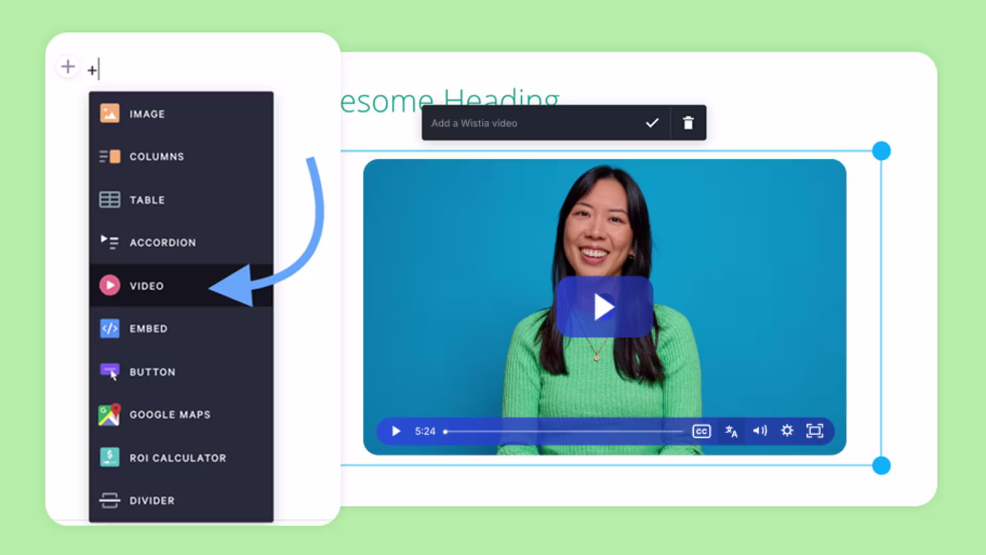 User adding a Wistia video block into a Qwilr proposal page using a simple paste-in-URL workflow.