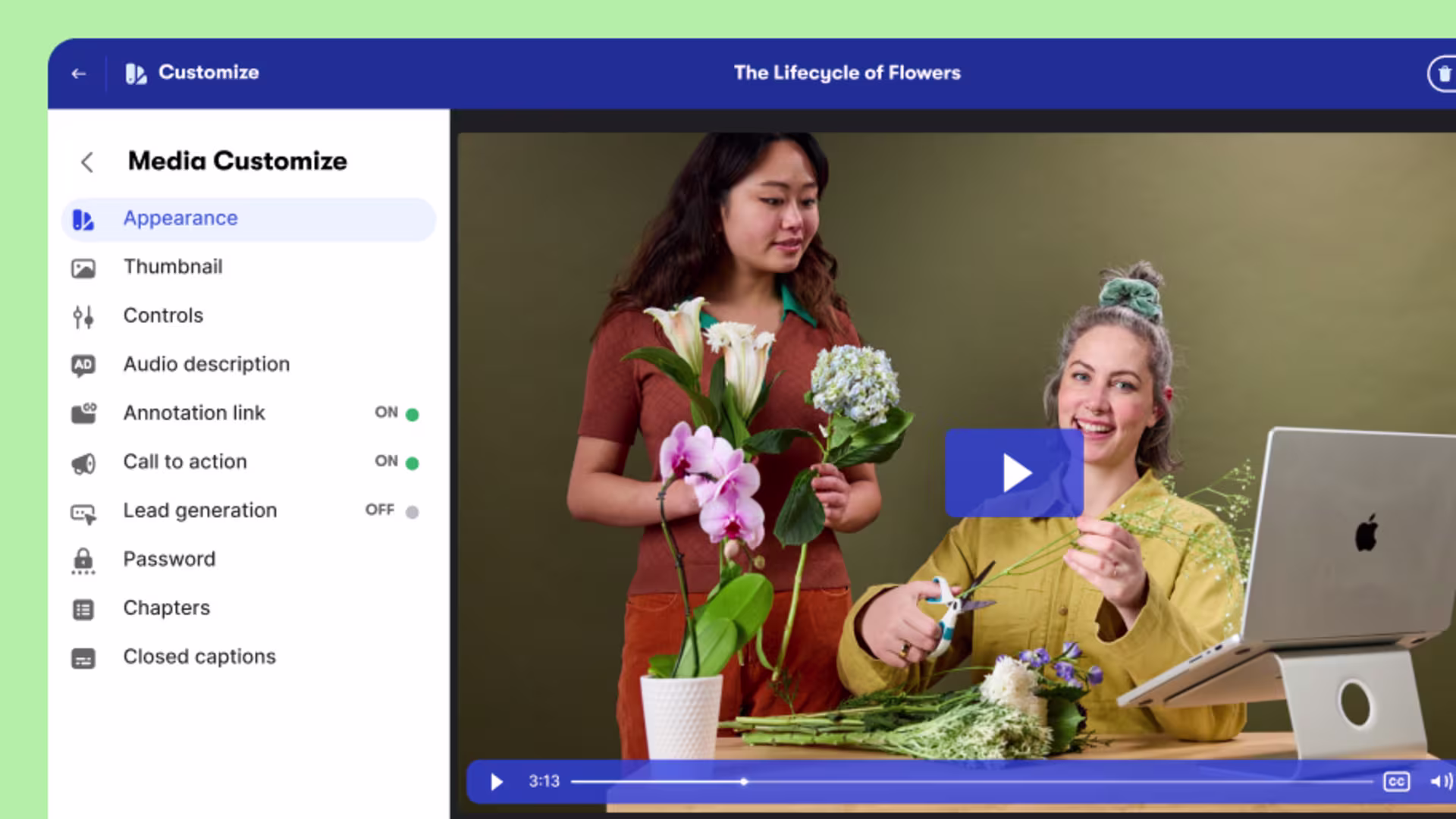 Wistia video player displaying customization options and lead capture form.