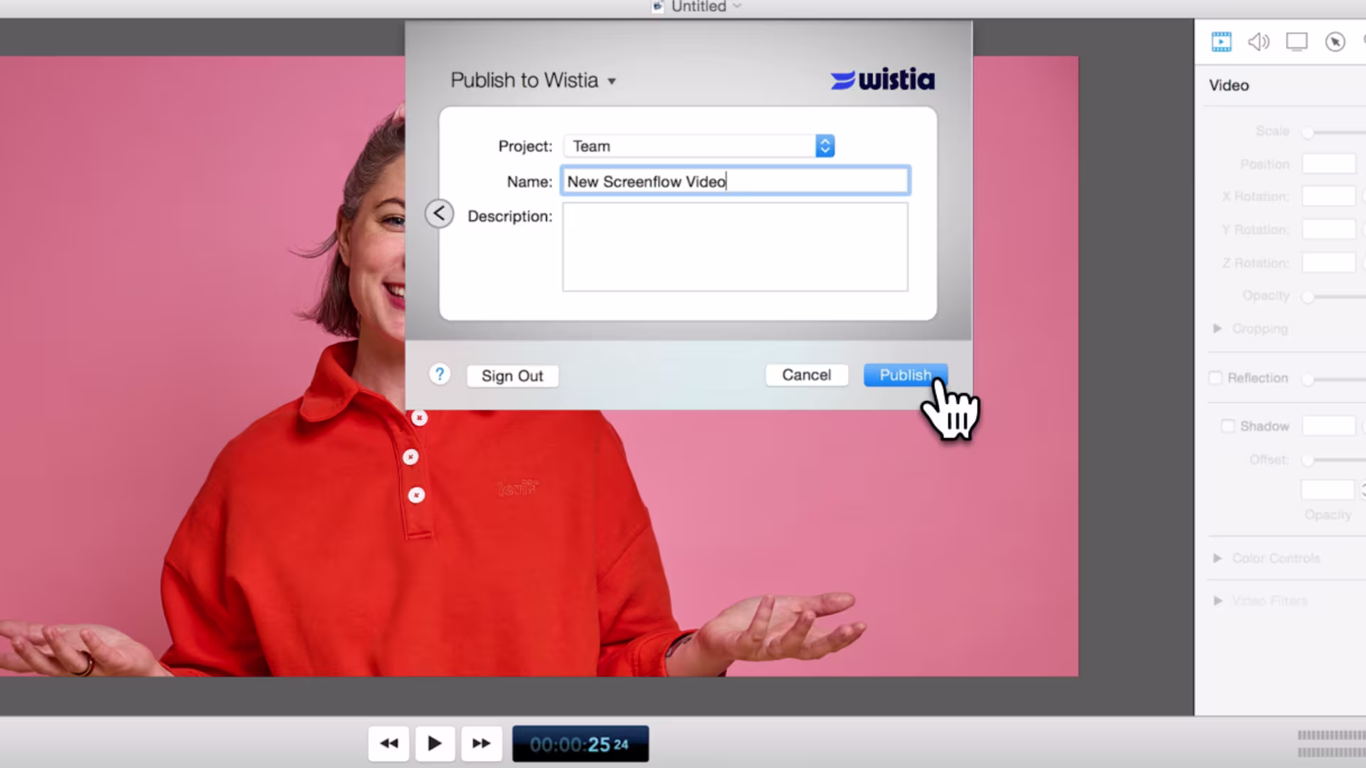 ScreenFlow export screen showing option to choose a Wistia folder for sending a video with title and description included.