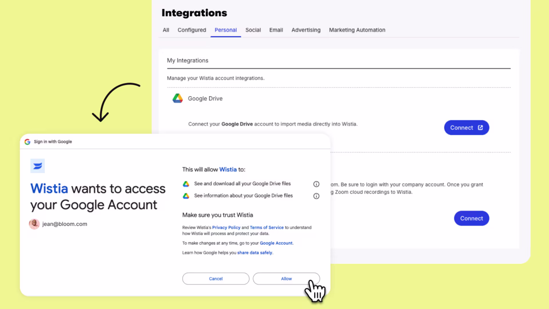 User connecting Google Drive to Wistia to import videos instantly.