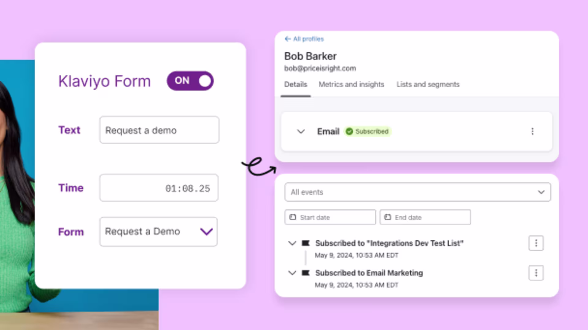 Klaviyo interface showing Wistia-synced lead in targeted email list.