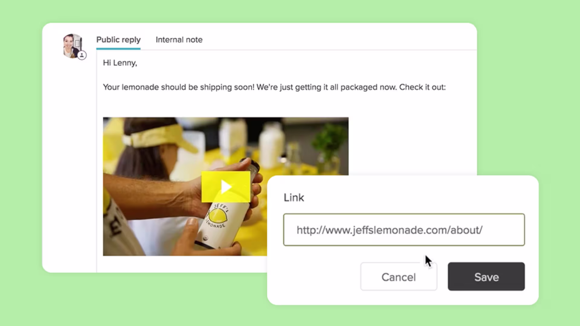Zendesk ticket with Wistia video thumbnail linking to a help article, giving customers quick access to extra resources.