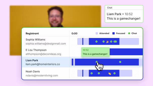 Wistia webinar dashboard showing attendee engagement data.