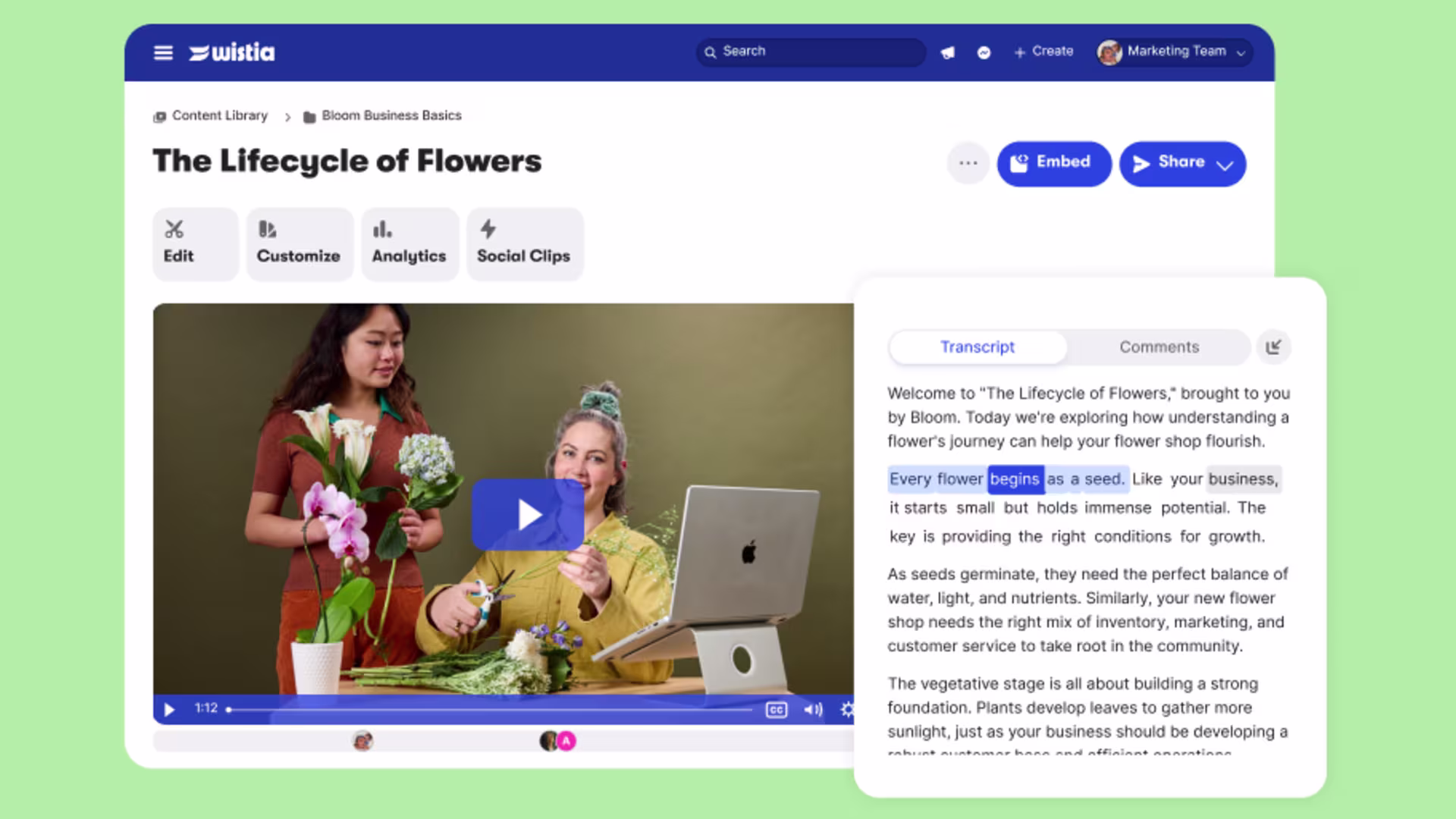 Descript export screen showing video, transcript, and captions automatically transferring into Wistia for accessibility.